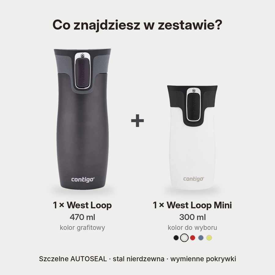 Zestaw kubków termicznych Contigo West Loop grafitowy 470 ml + West Loop Mini 300 ml – biały metalik