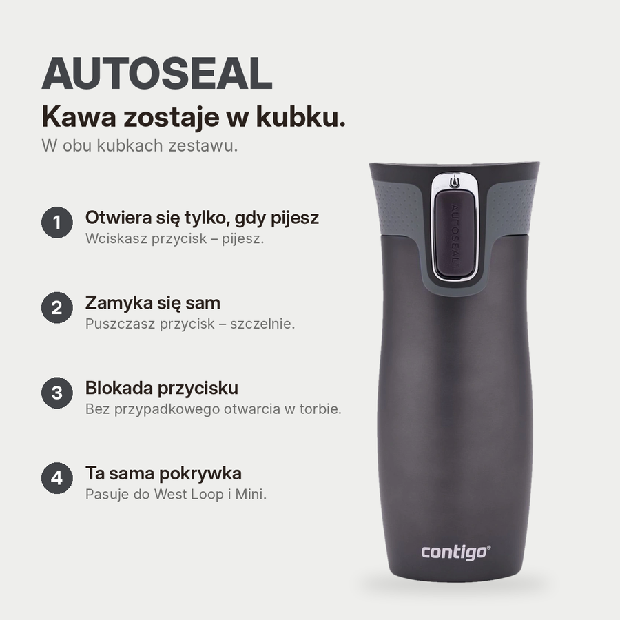 Zestaw kubków termicznych Contigo West Loop grafitowy 470 ml + West Loop Mini 300 ml – biały metalik
